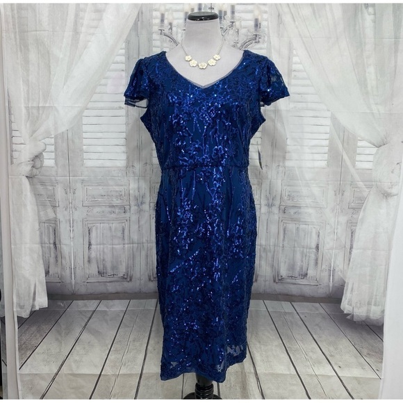 R & M Richards Size 14 Blue Sequined Dress Flutter Sleeve V Neck Cocktail Sheath - Picture 2 of 12